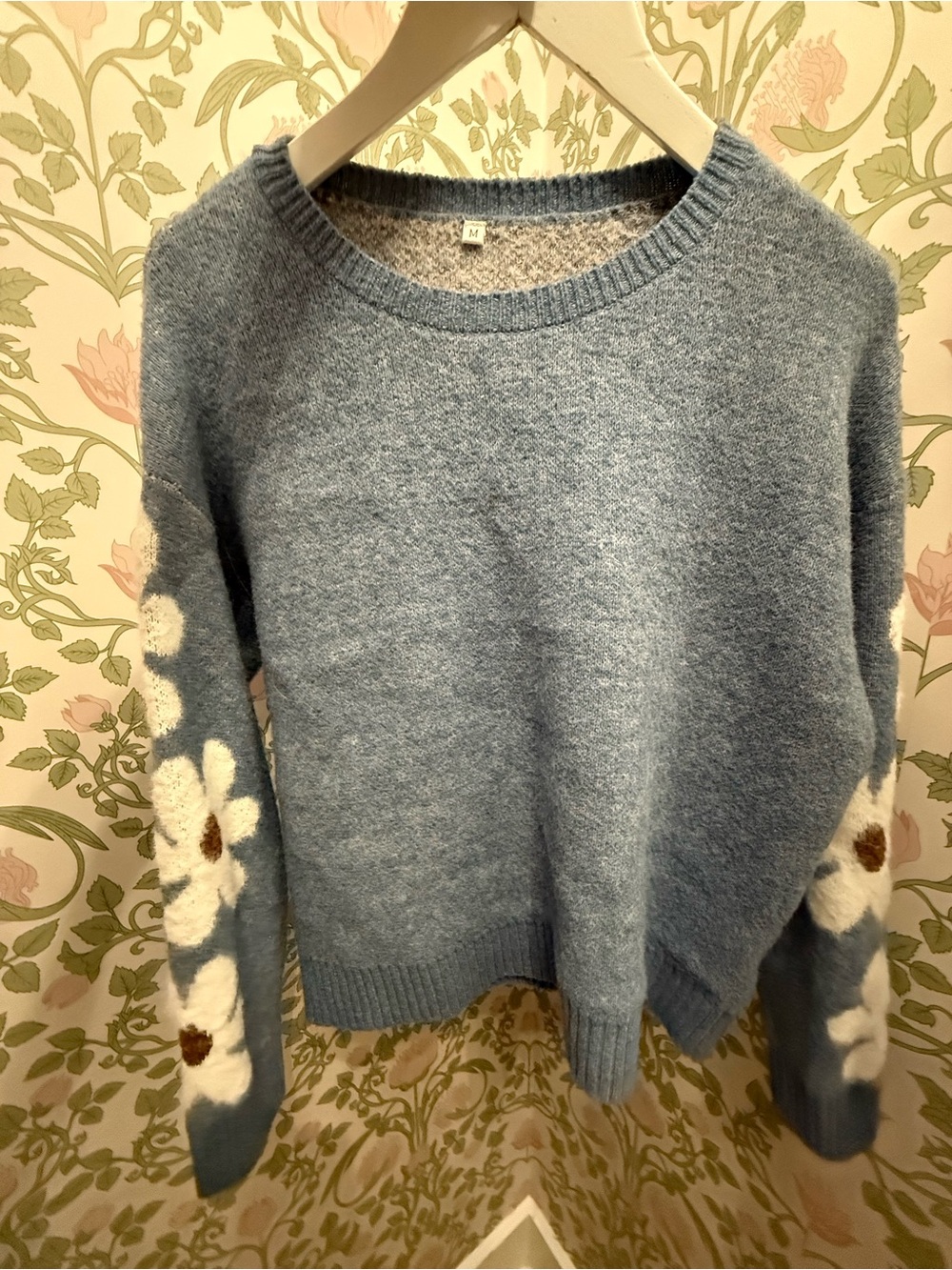 Amazon Blue Crewneck Sweater with White Daisy Sleeves - M